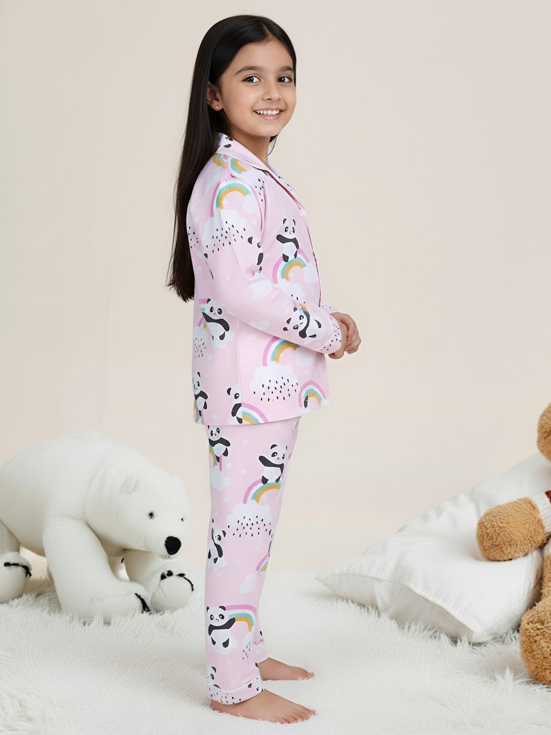 Polka Tots Full sleeve Panda Rainbow Print Night suit - Pink