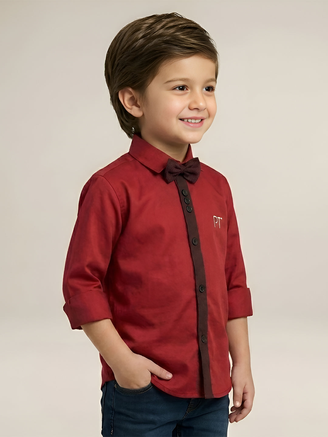 Polka Tots Full Sleeve Party Wear Reverse Collar Placket With Bow Tie Kids Shirt - Red