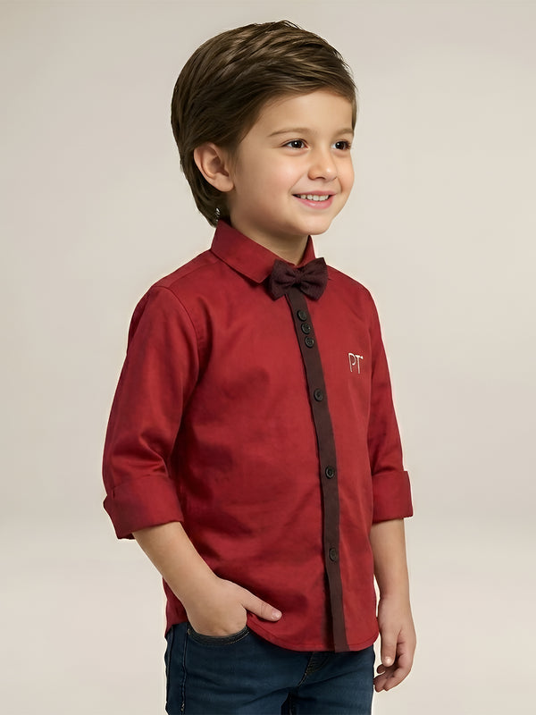 Polka Tots Full Sleeve Party Wear Reverse Collar Placket With Bow Tie Kids Shirt - Red