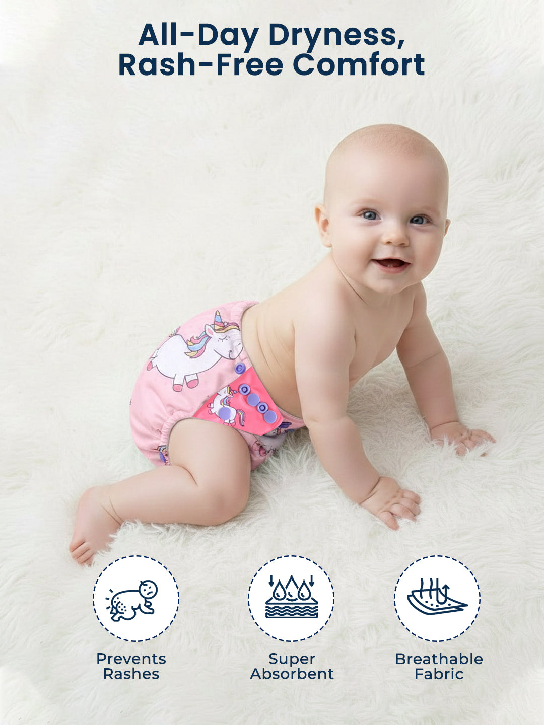 Baby wearing a colorful diaper with text about dryness and comfort on a white background