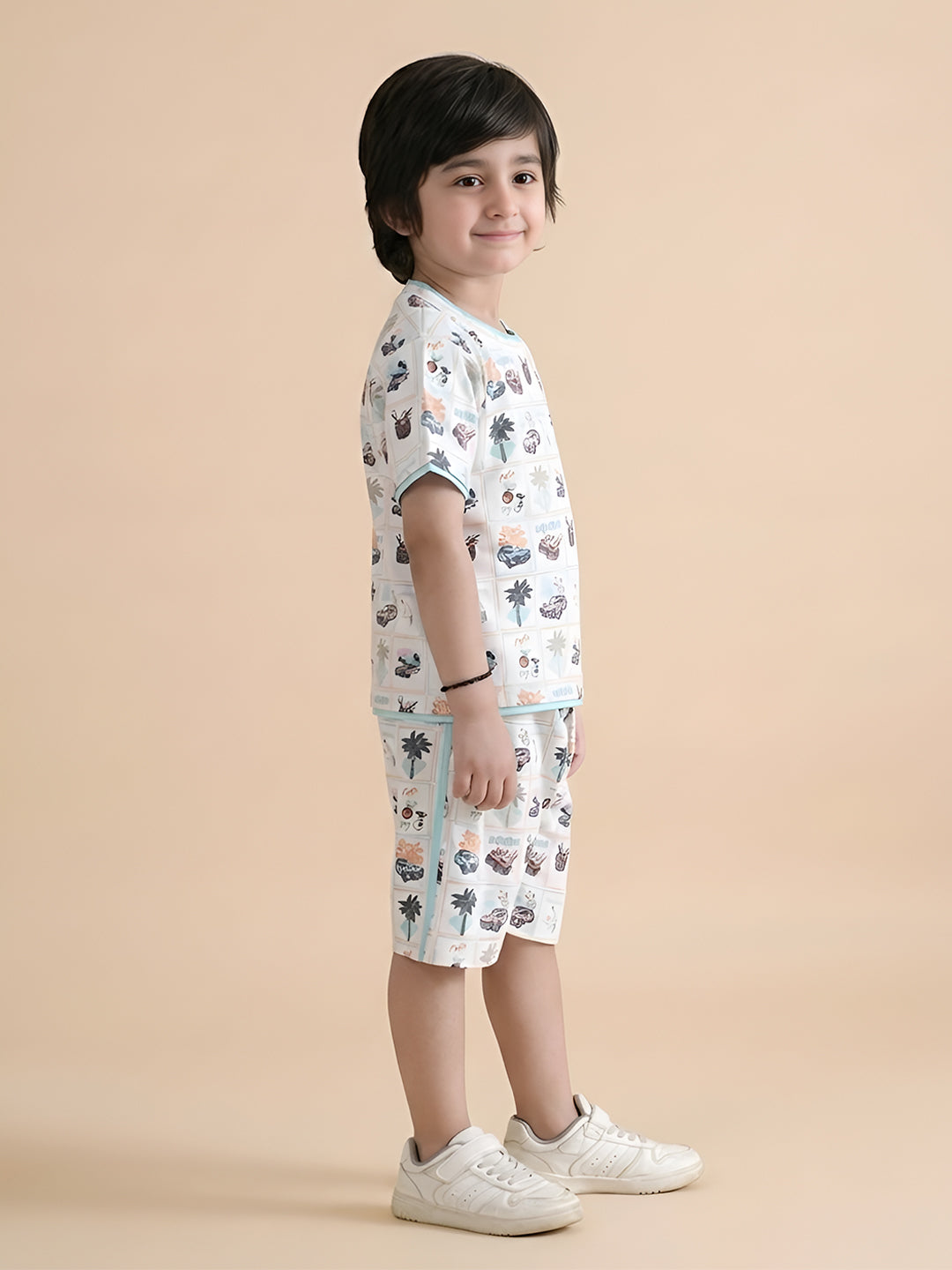Polka Tots Half Sleeves Tropical Print T-Shirt Shorts - White