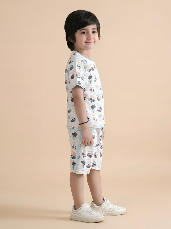 Polka Tots Half Sleeves Tropical Print T-Shirt Shorts - White