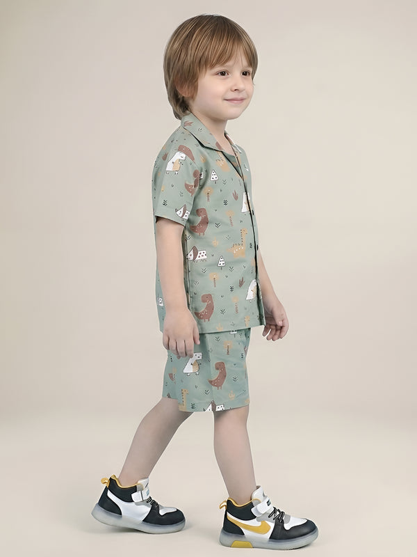 Polka Tots Half Sleeves Dinosaur print Shirt Shorts - Green