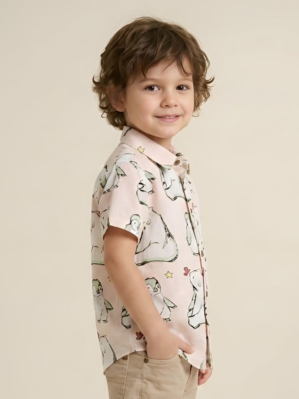 Polka Tots Half Sleeve Shirt Polar Bear and Penguin Print - Peach