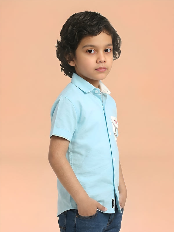 Polka Tots Half Sleeves Think Out Of Box Pocket Print Shirt - Sky Blue