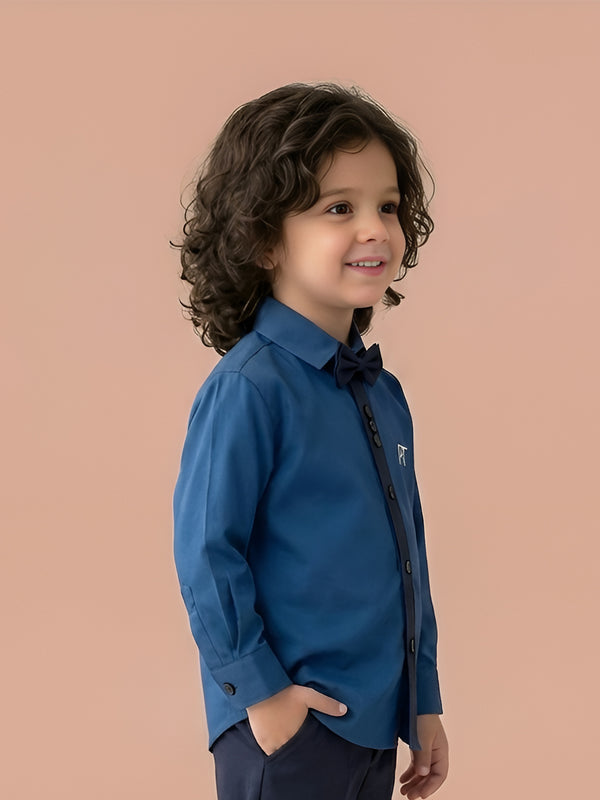 Polka Tots Full Sleeve Party Wear Reverse Collar Placket With Bow Tie Shirt - Blue