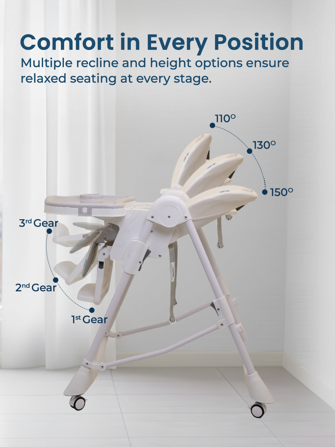 White high chair with adjustable angles on a white background
