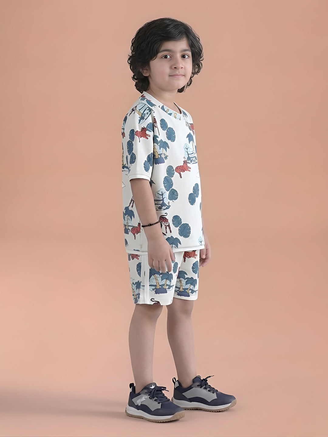 Polka Tots Half Sleeves Tropical Tiger Print T-Shirt Shorts - White