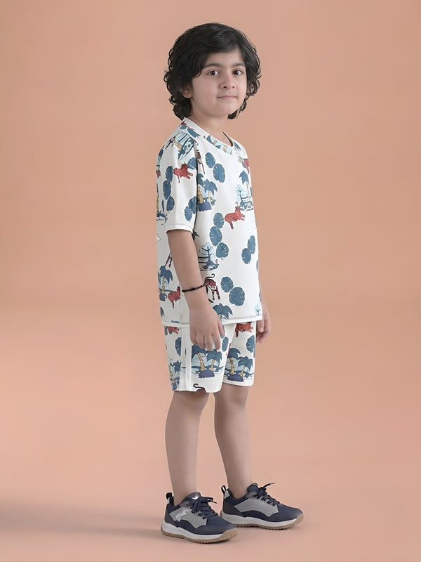 Polka Tots Half Sleeves Tropical Tiger Print T-Shirt Shorts - White