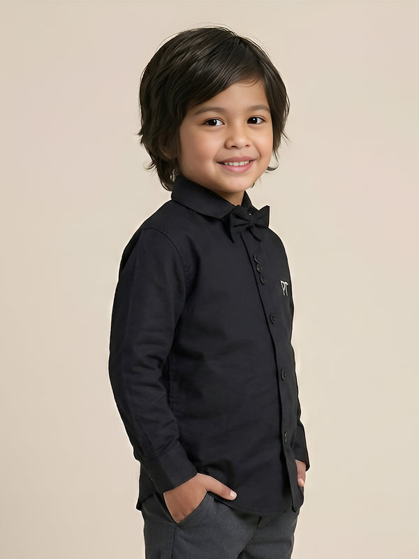 Polka Tots Full Sleeve Party Wear Reverse Collar Placket With Bow Tie Shirt - Black