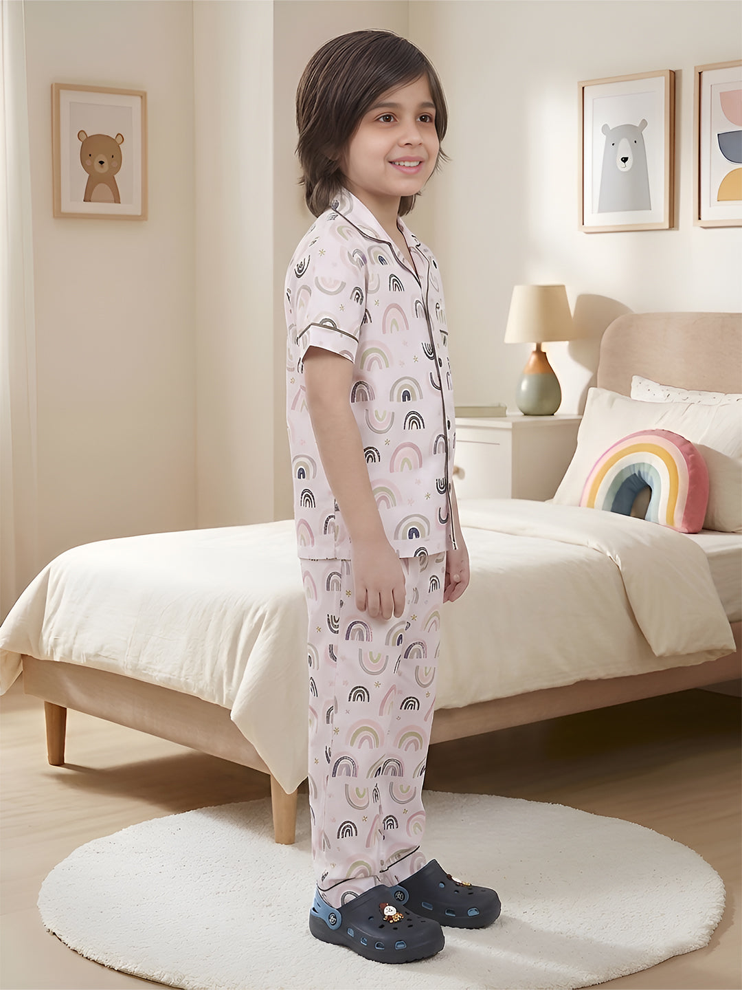 Polka Tots Half sleeves Rainbow print Night Suit - White