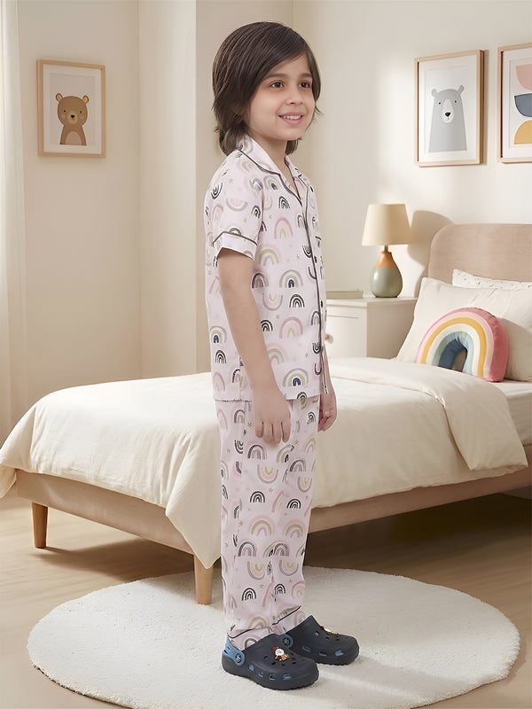 Polka Tots Half sleeves Rainbow print Night Suit - White