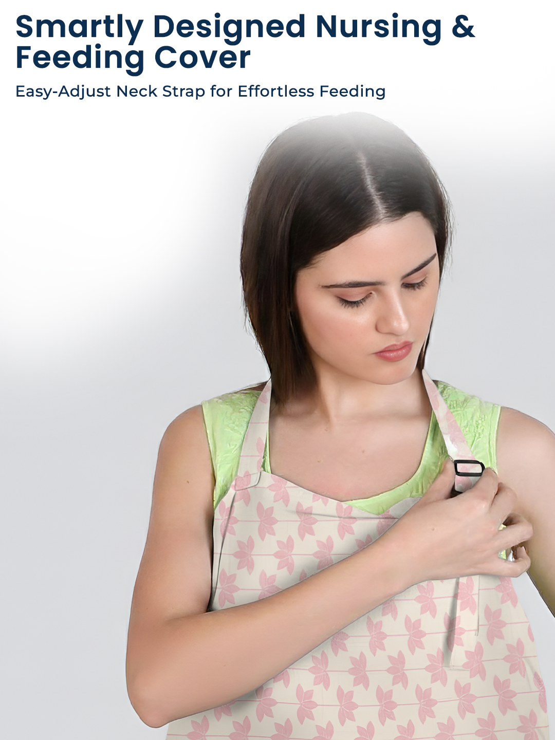 Woman wearing a patterned apron with text about a smartly designed nursing and feeding cover.