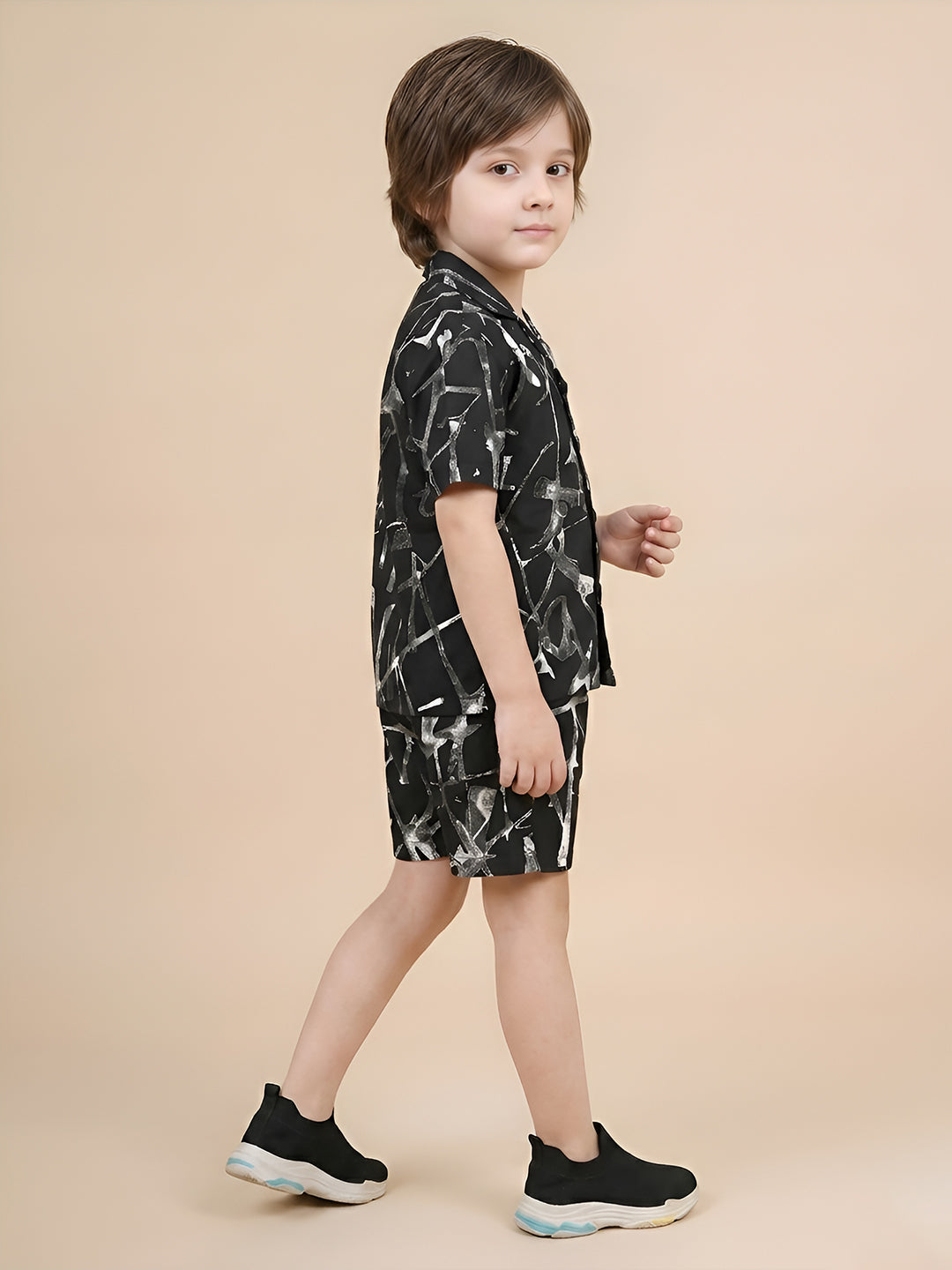 Polka Tots Half Sleeves Brush print Co-ords - Black
