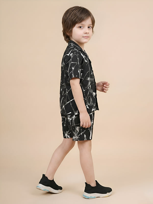 Polka Tots Half Sleeves Brush print Co-ords - Black