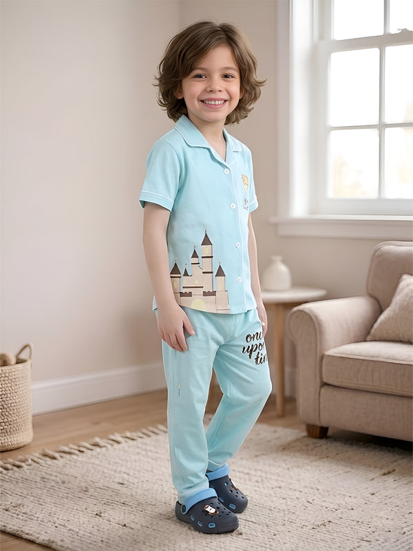 Polka Tots Half sleeves My Prince Print Night Suit - Aqua