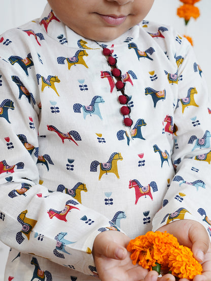 Polka Tots Full Sleeve Horse print Kurta Pyjama Set - Multicolor