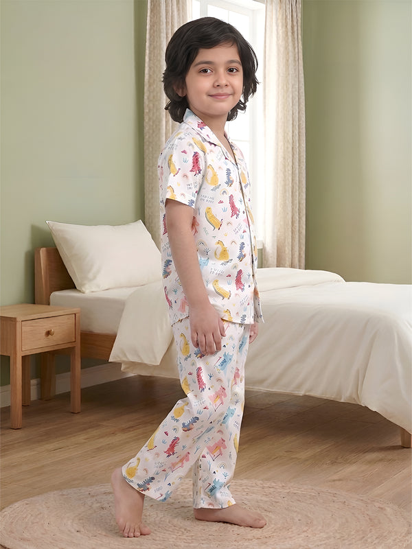 Polka Tots Half Sleeve Dinosaur print Night Suit - Multicolor