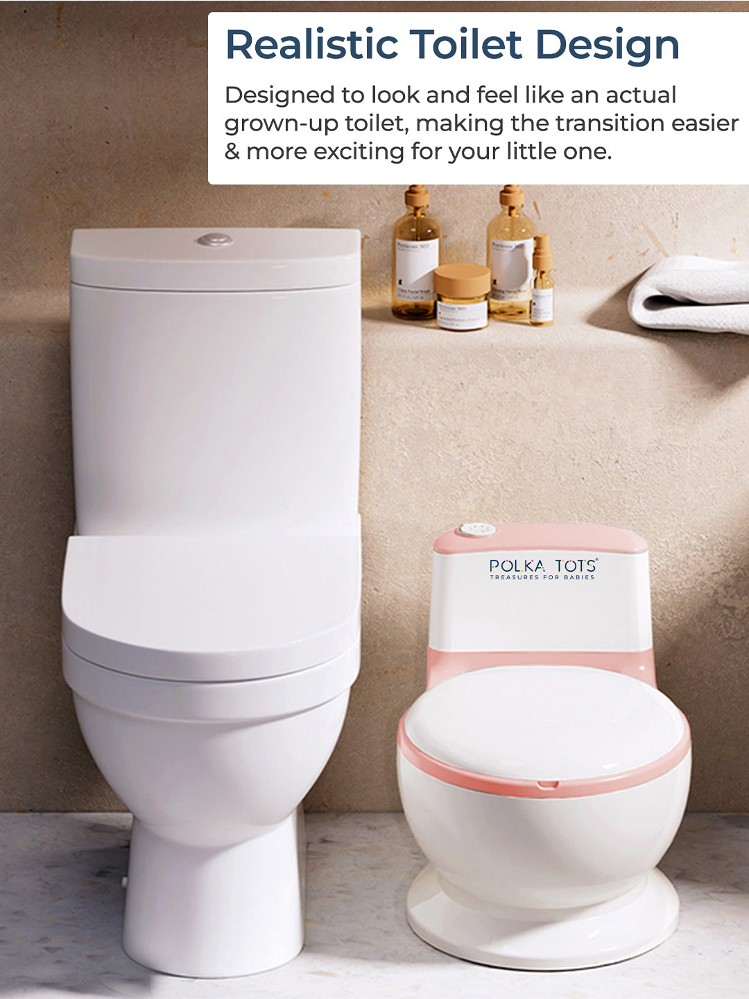Realistic toilet design for children with a pink seat, next to a standard toilet.
