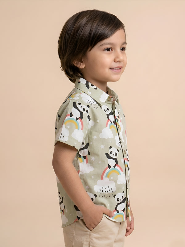 Polka Tots Half Sleeves Panda Rainbow Print Shirt - Cream