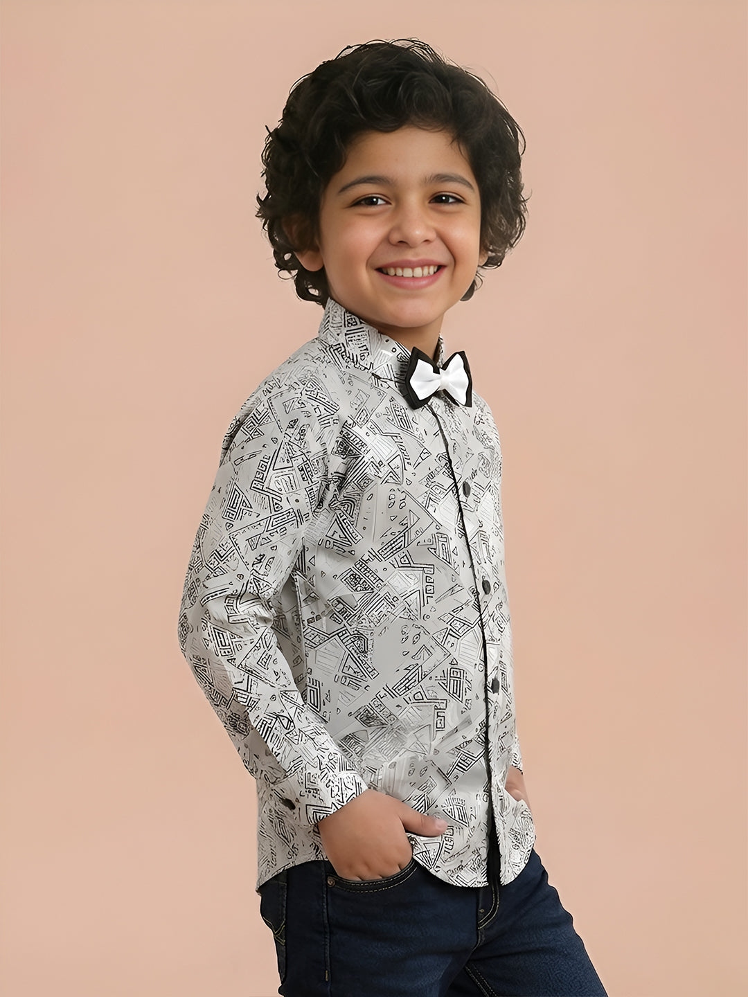 Polka Tots Cotton Regular Fit Full Sleeve Zig Zag Print Dual Bow Tie Shirt - White & Grey