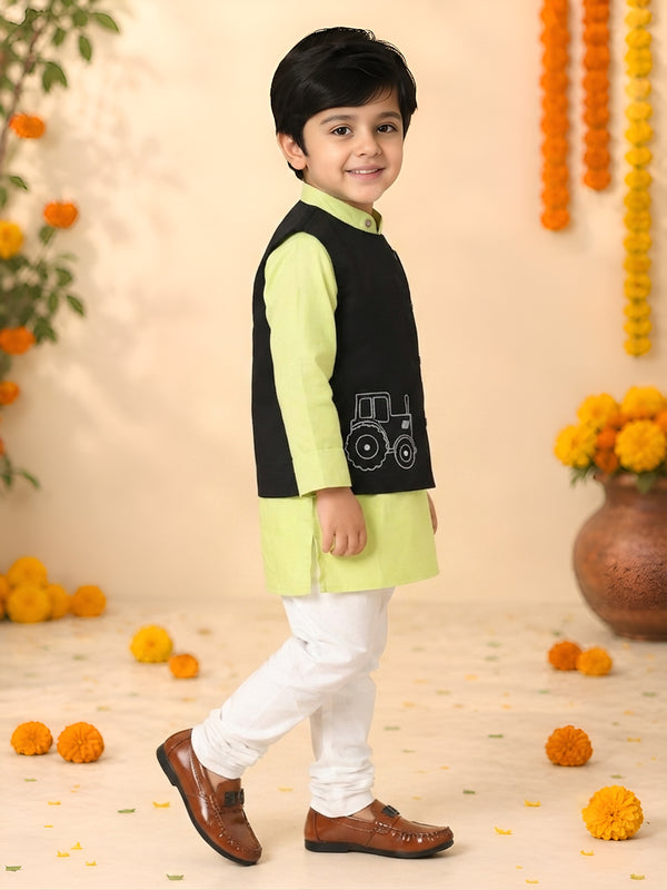Polka Tots Full sleeves Tractor Embroidery Koti Kurta Pyjama - Green