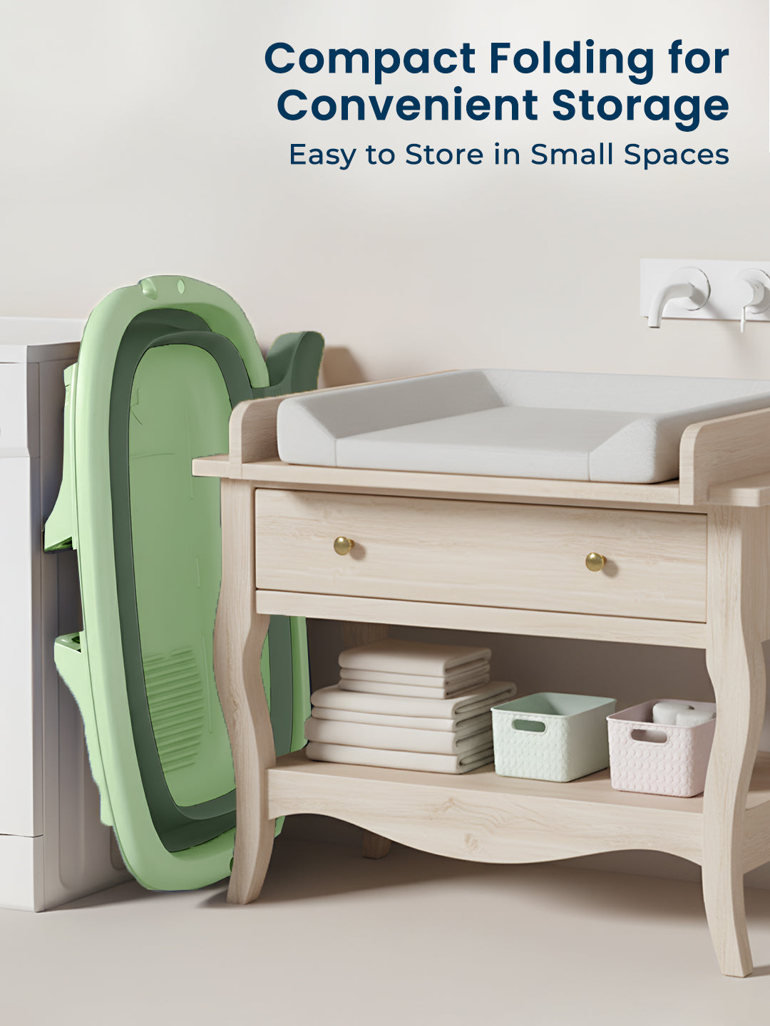 Compact folding changing table with storage drawers and shelves on a white background