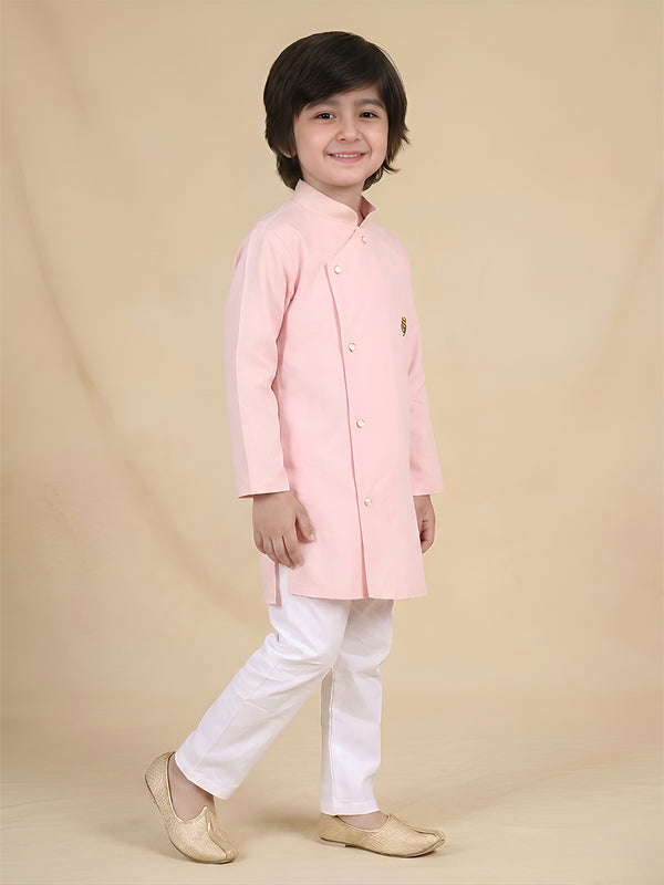 Polka Tots Full Sleeve Solid Ethnic Kurta Pyjama Set - Peach