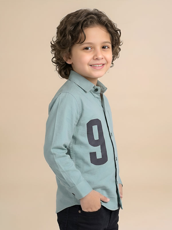 Polka Tots Full Sleeves Number print Solid Shirt - Greyish Blue