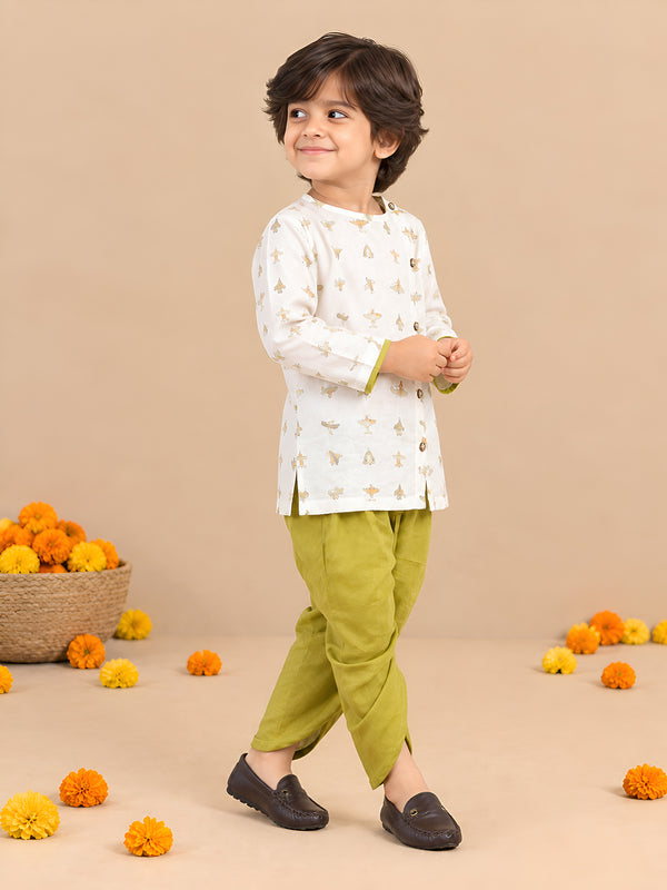 Polka Tots Cotton Full Sleeve Airplane Print Angrakha Top With Dhoti - Green