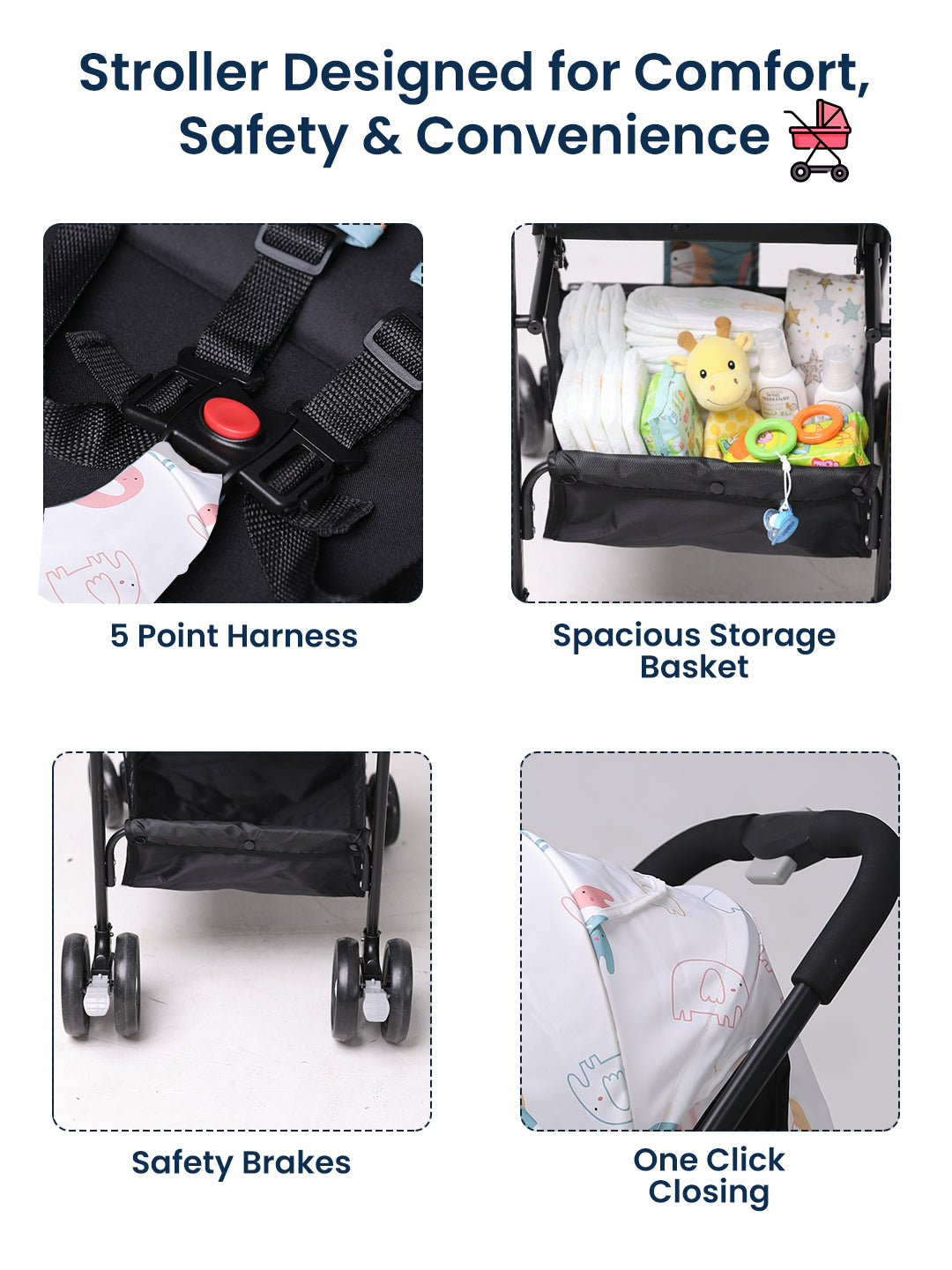 Stroller features including 5-point harness, spacious storage basket, safety brakes, and one-click closing mechanism on a white background.