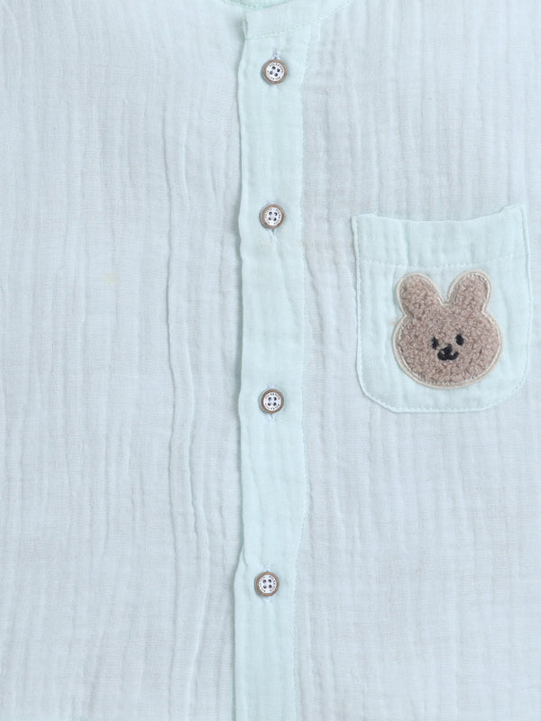 Polka Tots Crinkled Muslin Cotton Bear Pocket Patch Jhabla & Pant Set - Pastel green