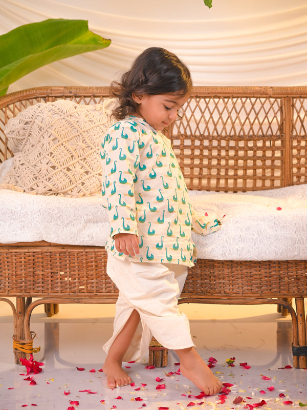 Polka Tots Swan Print Angrakha Top With Dhoti - Green