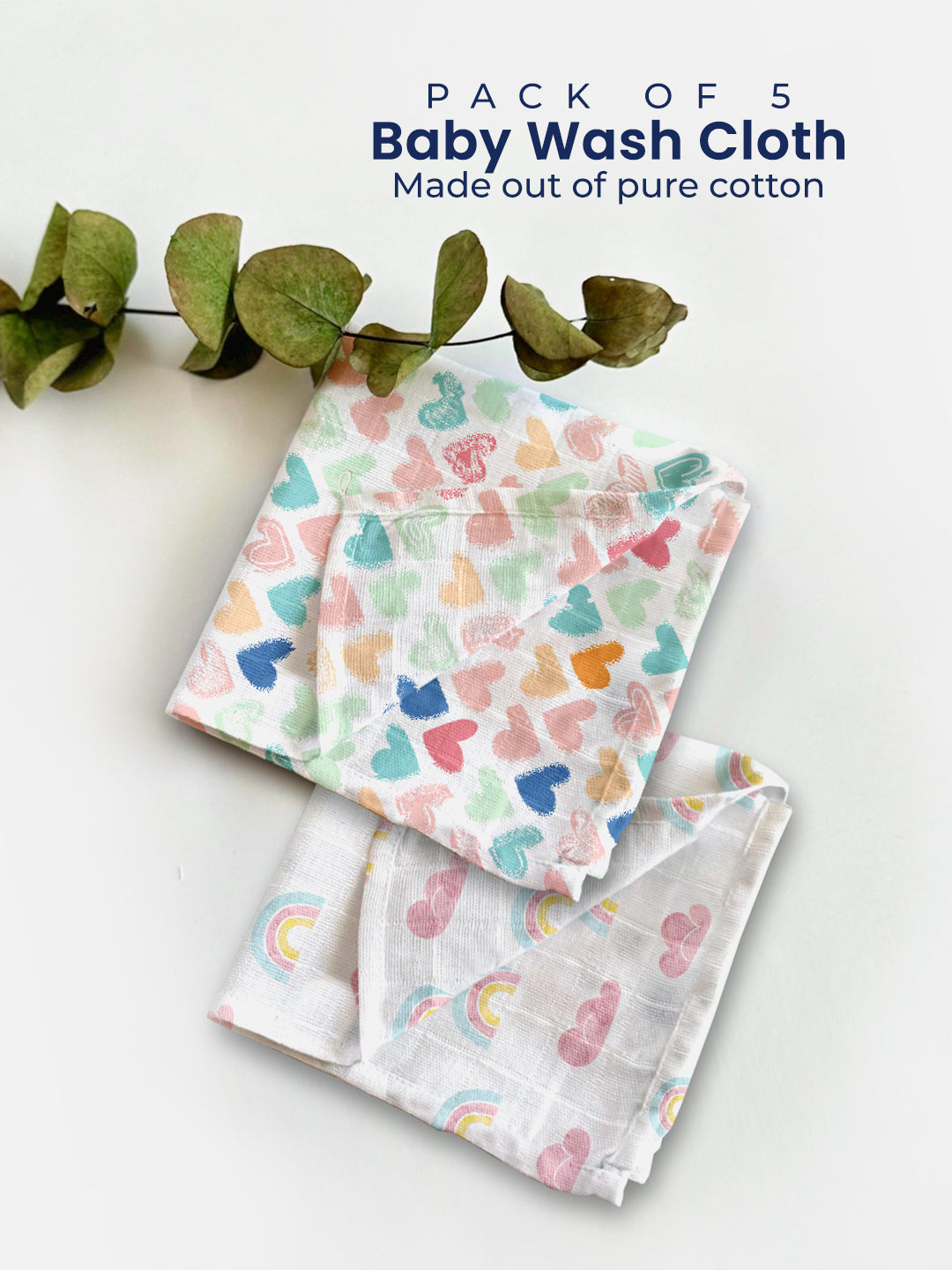 Pack of 5 baby wash cloths made out of pure cotton with colorful designs on a white background.