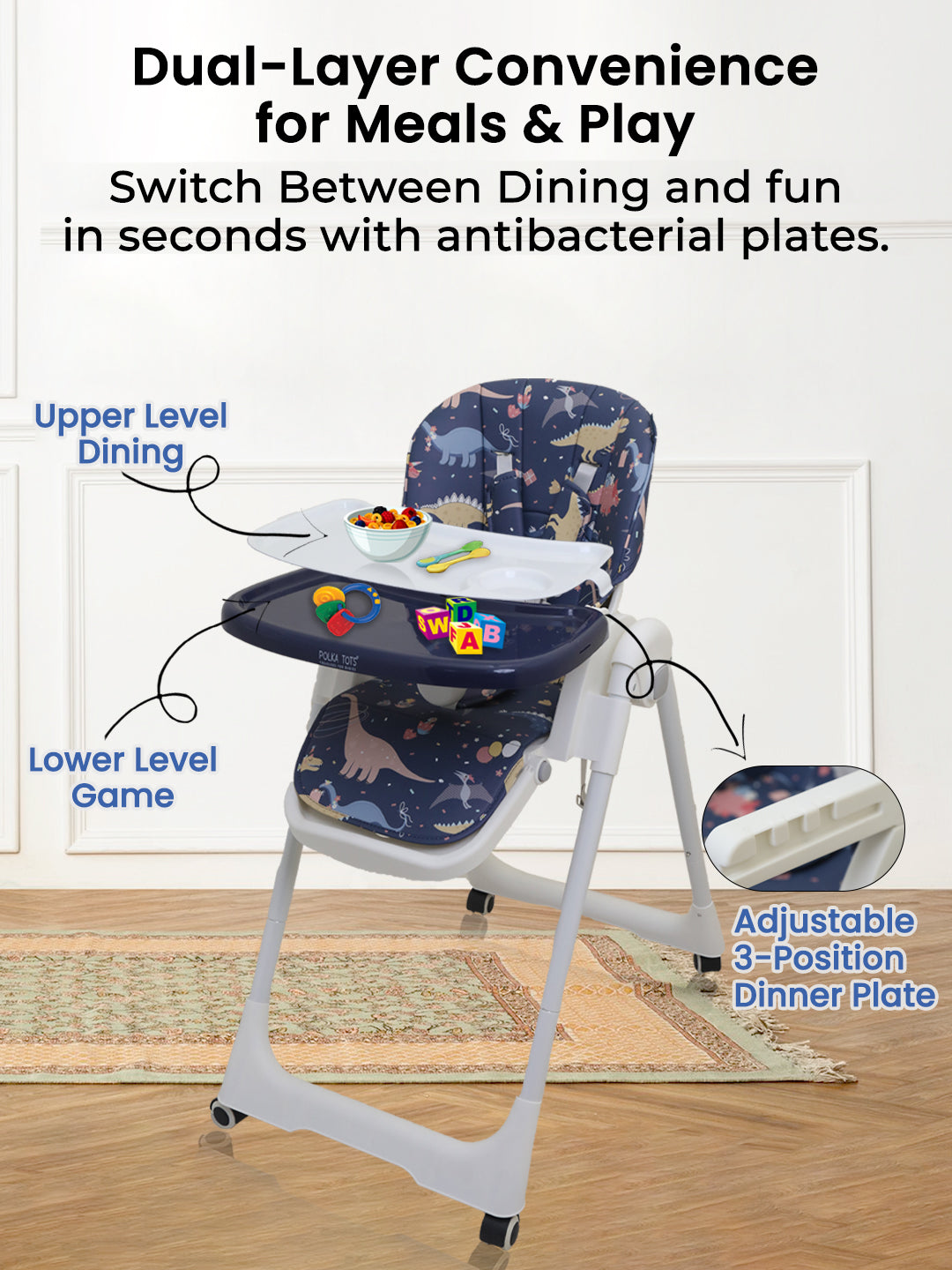 Children's high chair with adjustable plate and dinosaur pattern, used for meals and play.
