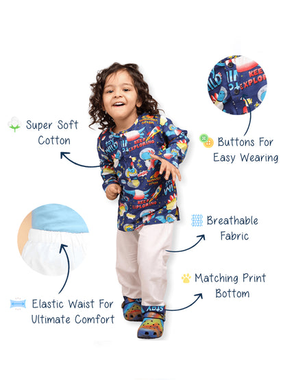 Polka Tots Space print Full sleeves Nightwear Kurta pyjama set - Blue