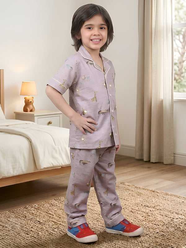 Polka Tots Half sleeves Jungle print Night Suit - Purple