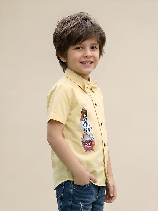 Polka Tots Cotton Regular Fit Roarrr Tyre Metallic Print Shirt With Bow Tie - Yellow