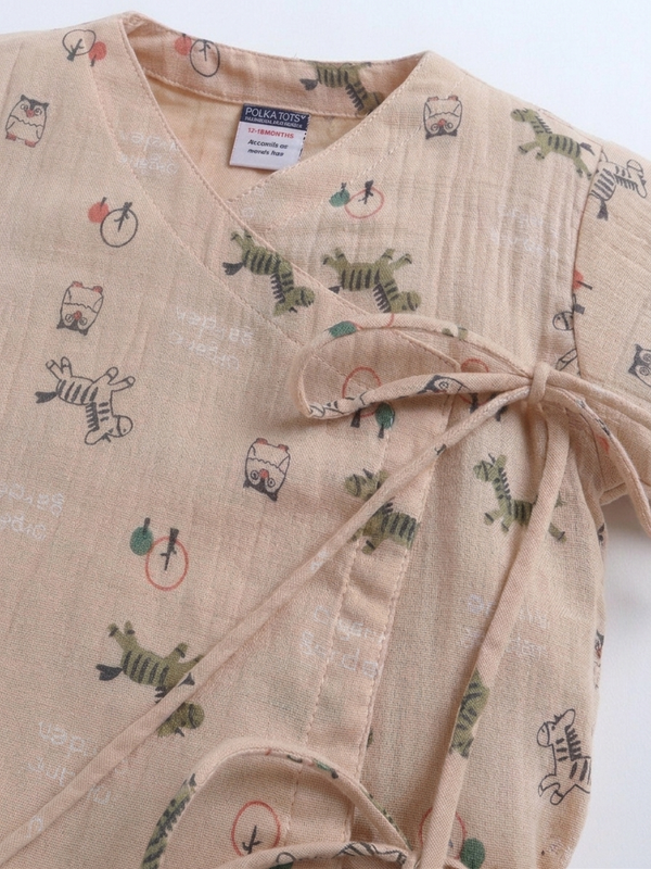 Polka Tots Wrinkled Muslin Cotton Doodle Print Kediya Jhabla & Pant Set - Brown