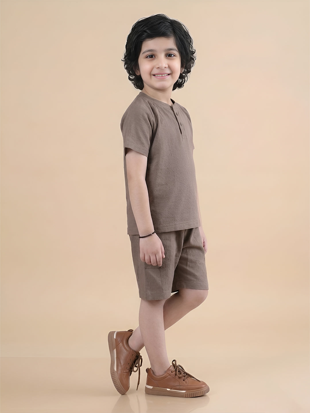 Polka Tots Half Sleeves Solid T-Shirt Shorts - Brown