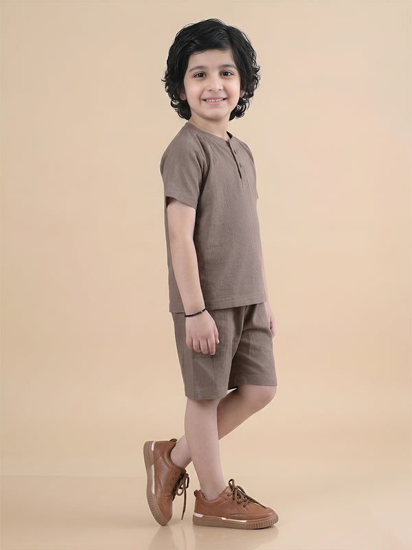 Polka Tots Half Sleeves Solid T-Shirt Shorts - Brown