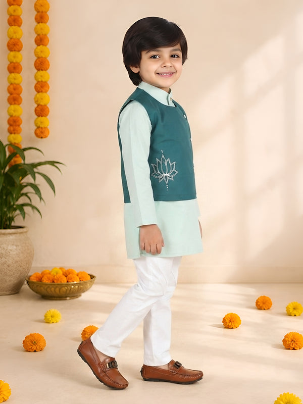 Polka Tots Full sleeves Lotus Embroidery Koti Kurta Pyjama - Green
