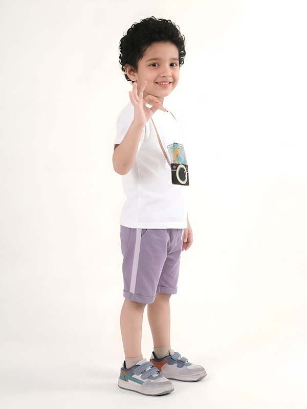 Polka Tots Half Sleeves Camera print T-Shirt Shorts - White and Purple