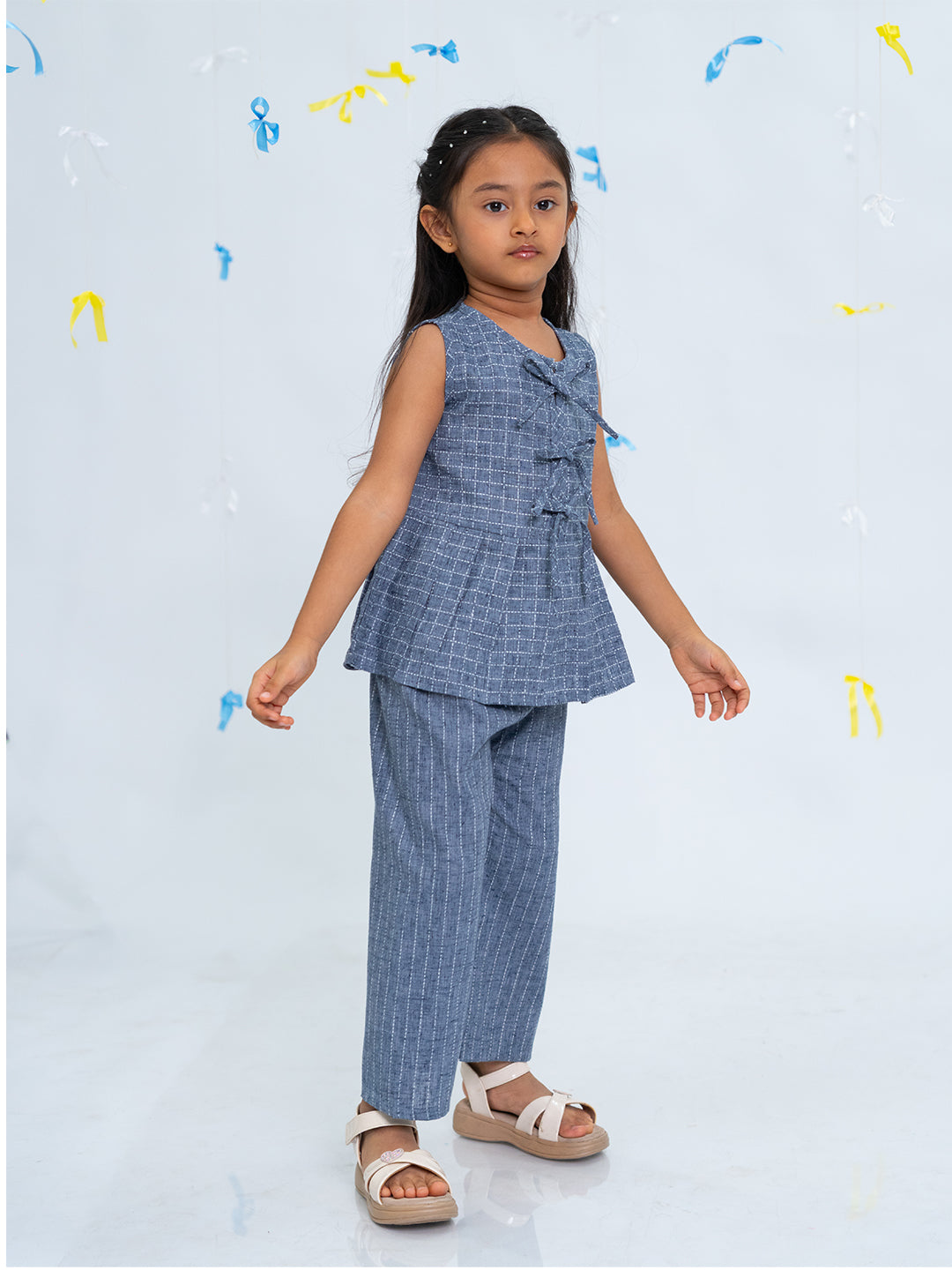 Polka Tots Sleeveless  Statement Bow Girls top & Bottom Set- Blue