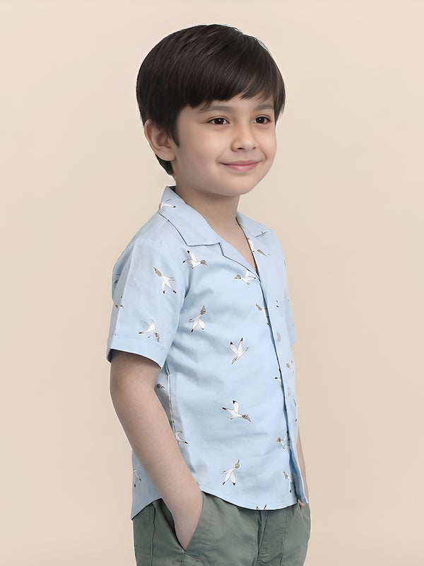 Polka Tots Half Sleeves Birds print Kids Shirt - Blue