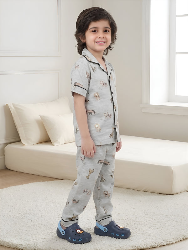 Polka Tots Half sleeves Jungle print Night Suit - Grey