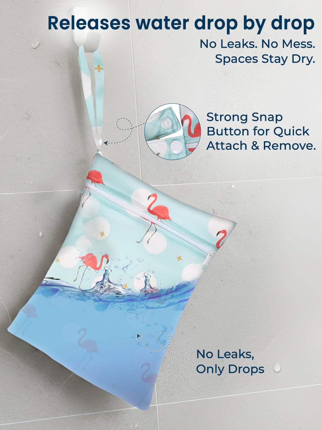 Product packaging with flamingo design on a gray background, featuring text about water release mechanism.