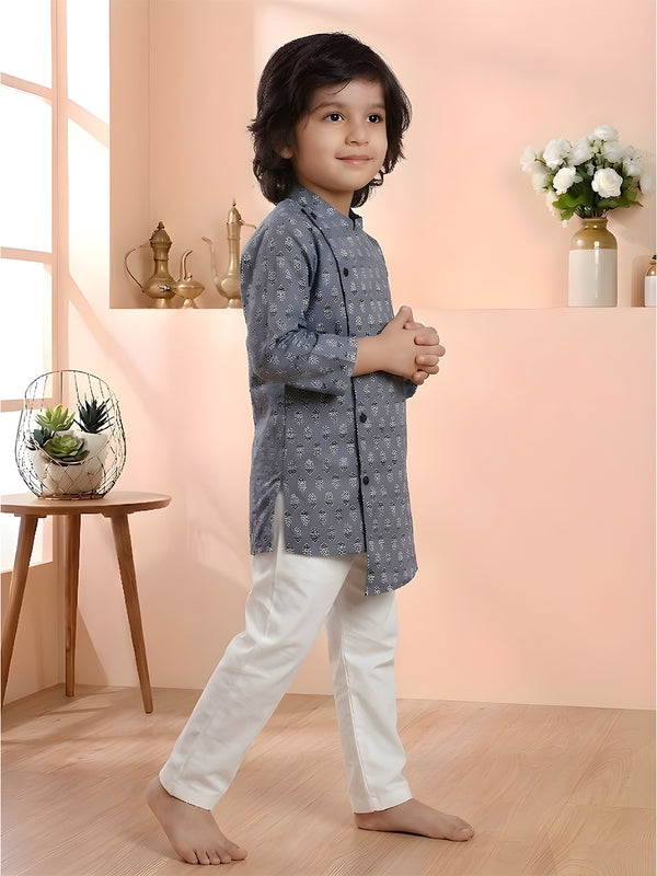 Polka Tots Cotton Full Sleeve Geometric Print Ethnic Kurta Pyjama Set - Grey
