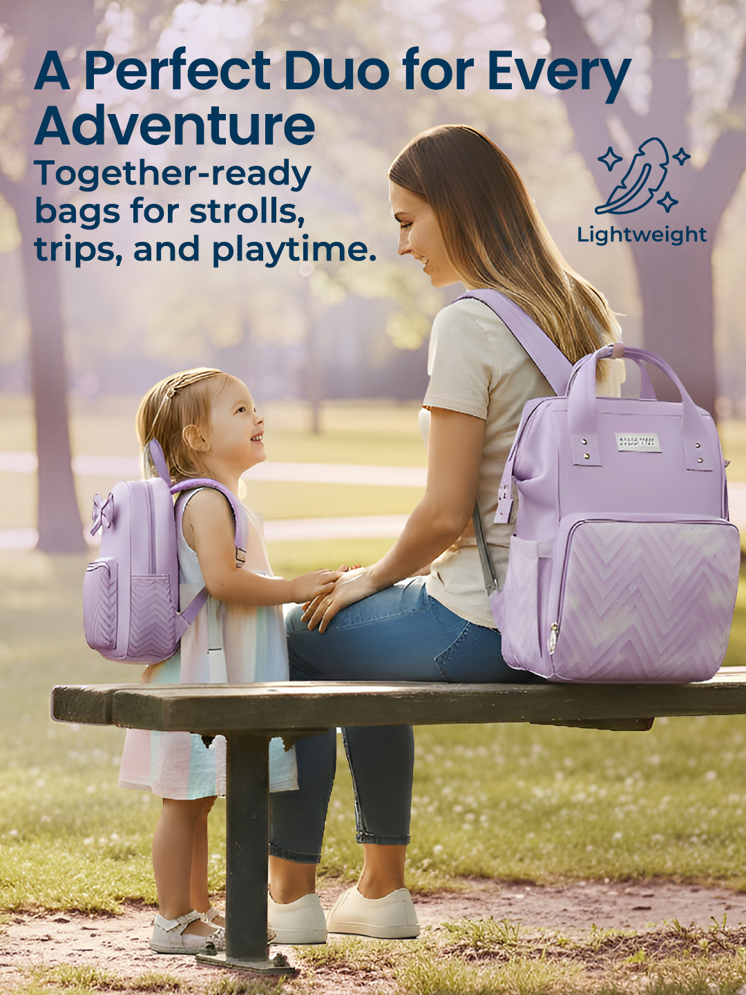 Woman and child with matching purple backpacks in a park setting, promoting together-ready bags for adventures.