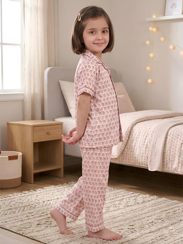 Polka Tots Half sleeves Elephant print Night Suit - Pink